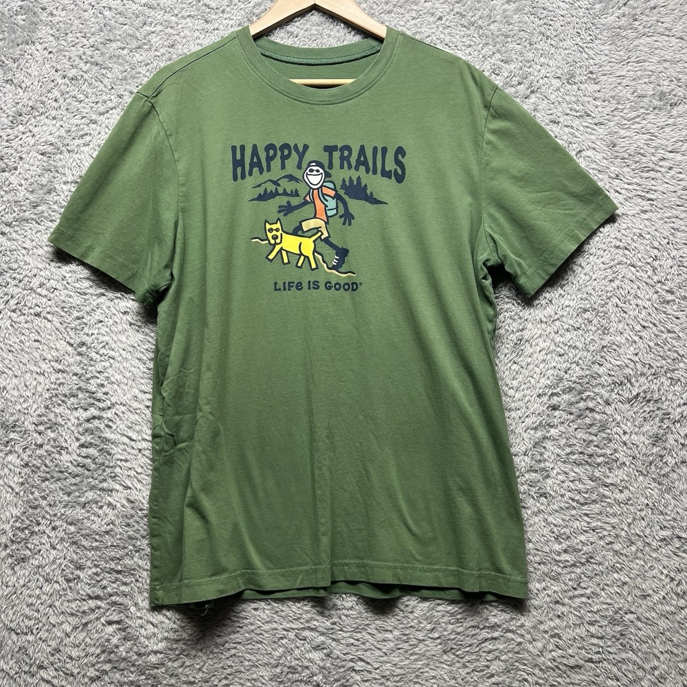 Life is Good Happy Trails TShirt Men Large Green Jake Rocket Short Sleeve Hiking